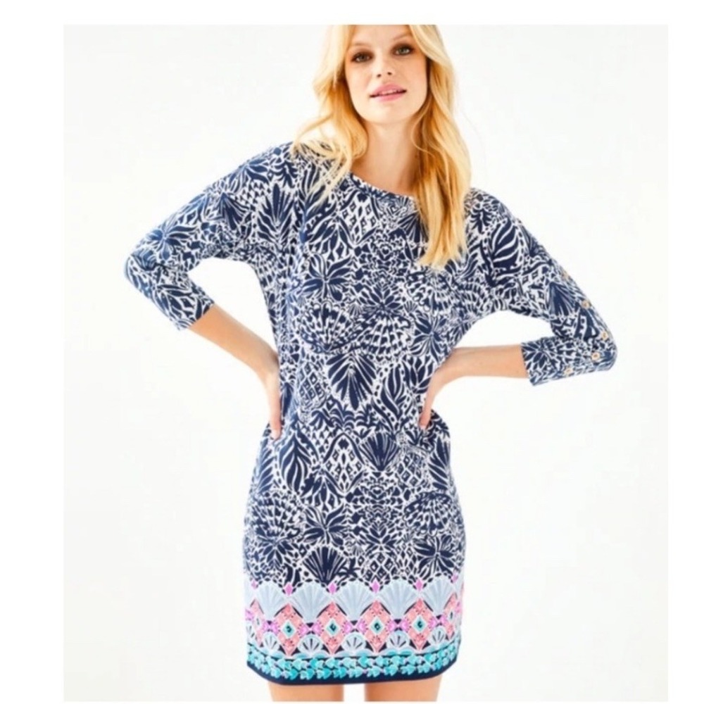 Lilly Pulitzer Dress Navy White Print Shift Dress 3/4 Sleeve Cotton